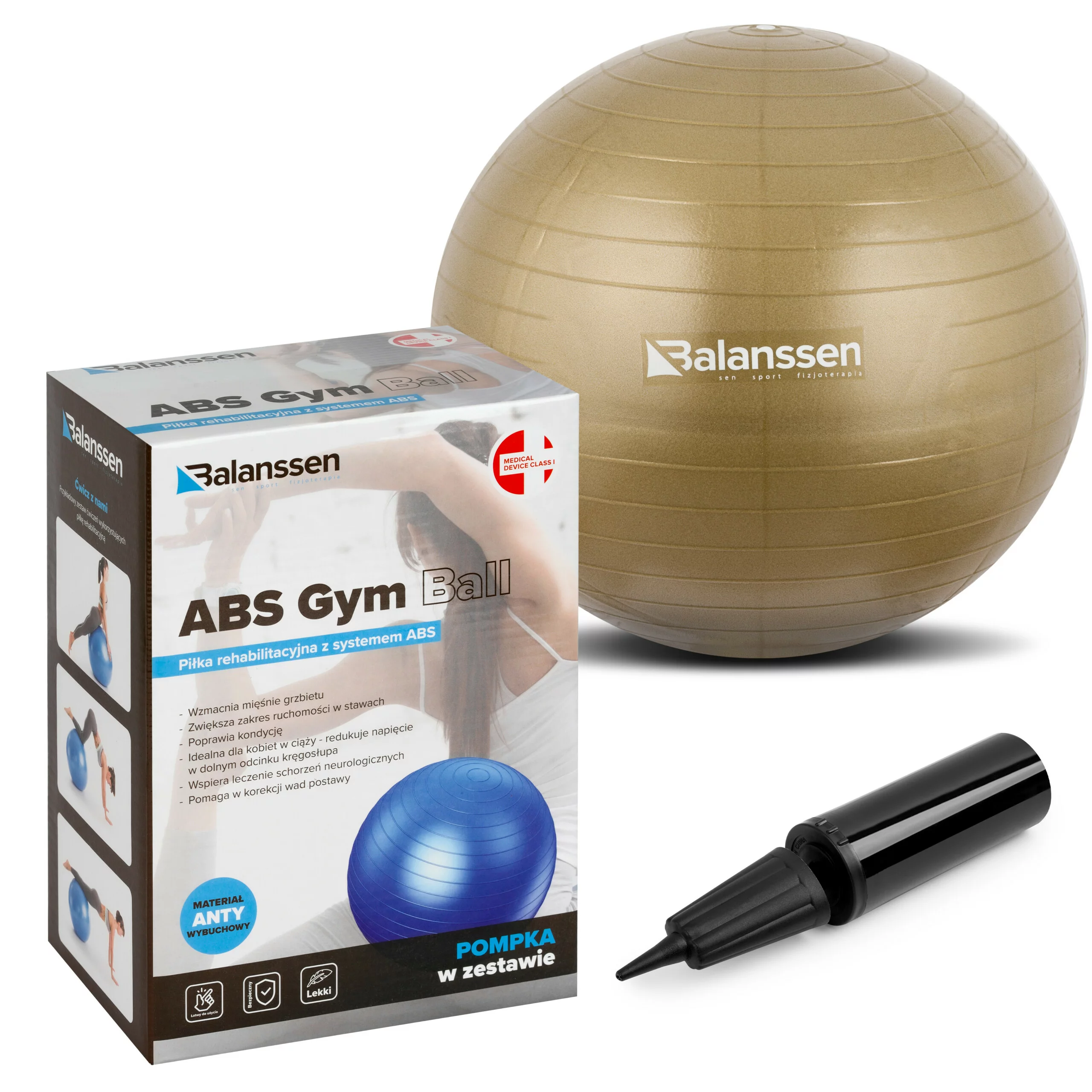 Piłka gimnastyczna rehabilitacyjna do ćwiczeń 45 cm z systemem ABS i pompką w zestawie GYM BALL Balanssen