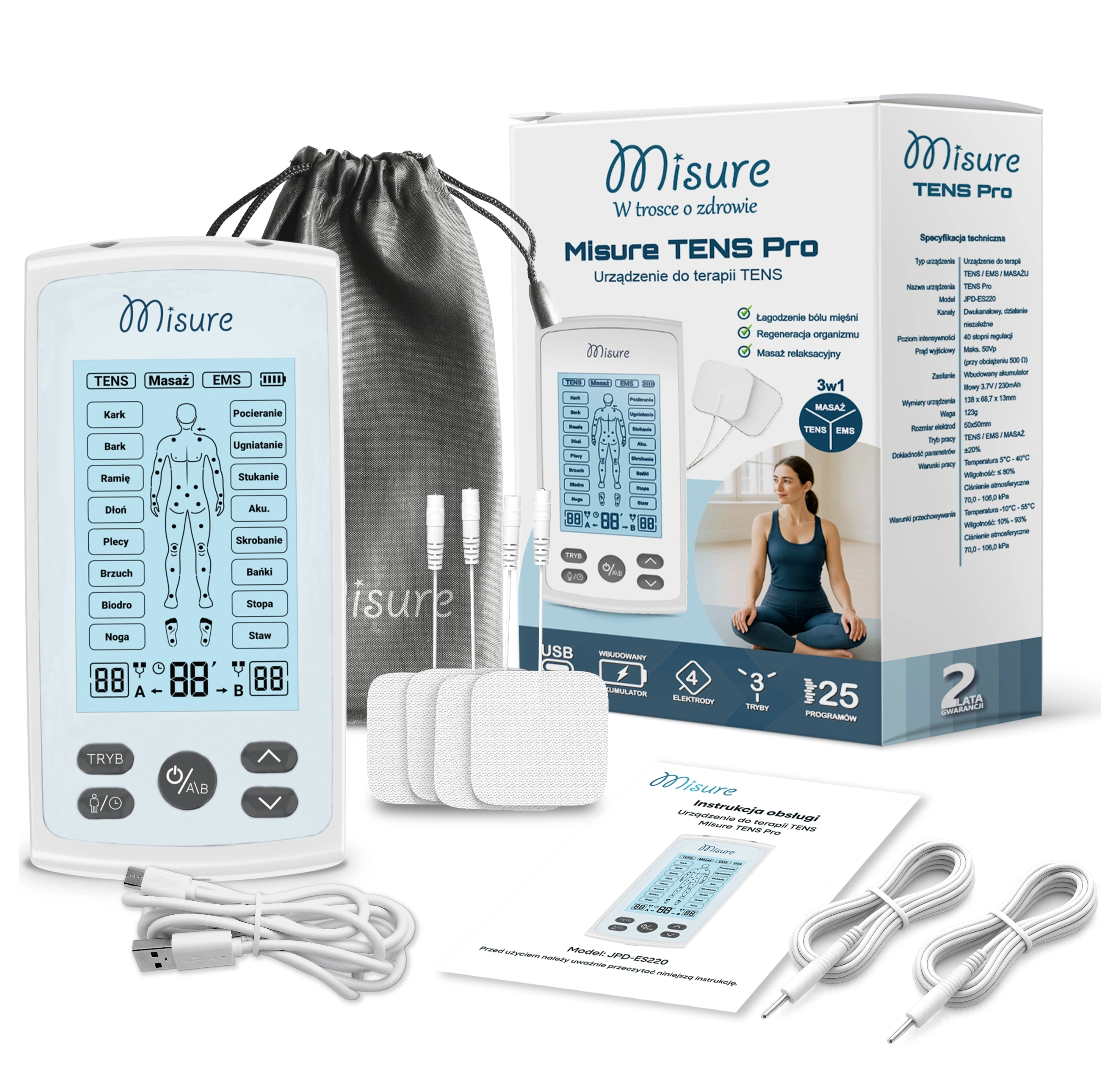 Elektrostymulator mięśni TENS EMS masażer 3w1, terapia bólu i masaż, 25 programów, USB-C Misure